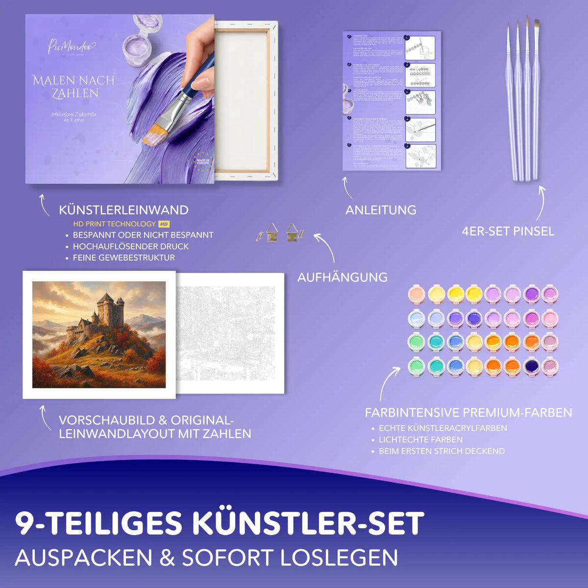Malen nach Zahlen Set Goldener Herbstzauber mit Leinwand, Acrylfarben und Pinseln für Erwachsene und kreative Bastler