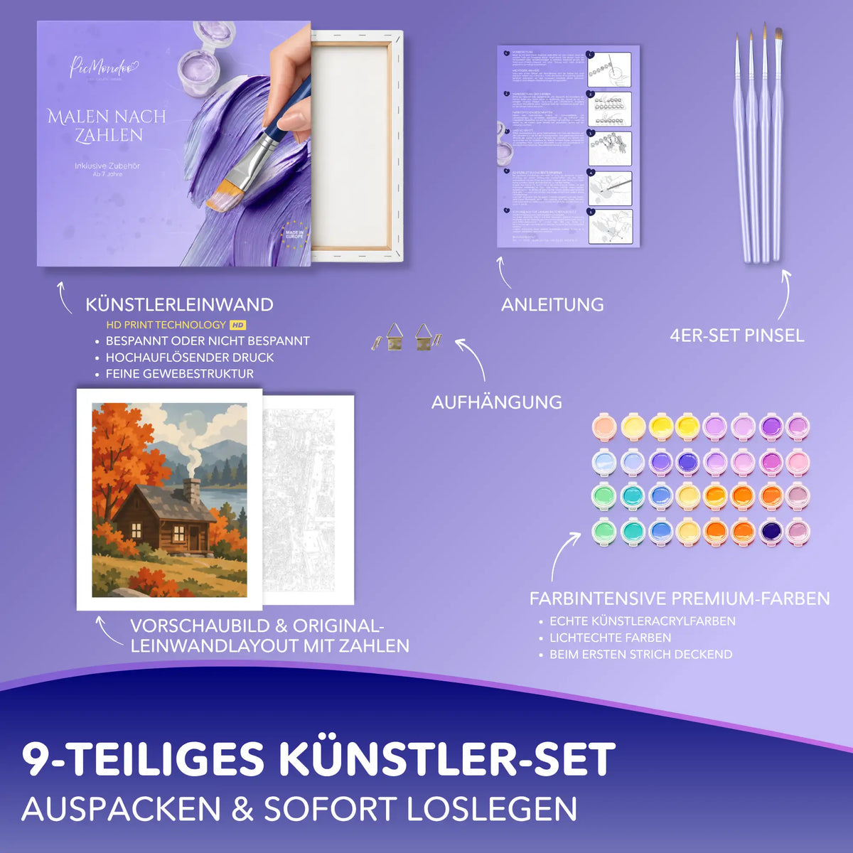 Malen nach Zahlen Set Herbstidylle: Holzhütte am See mit Leinwand, Acrylfarben, 4 Pinseln, Anleitung und Aufhängung