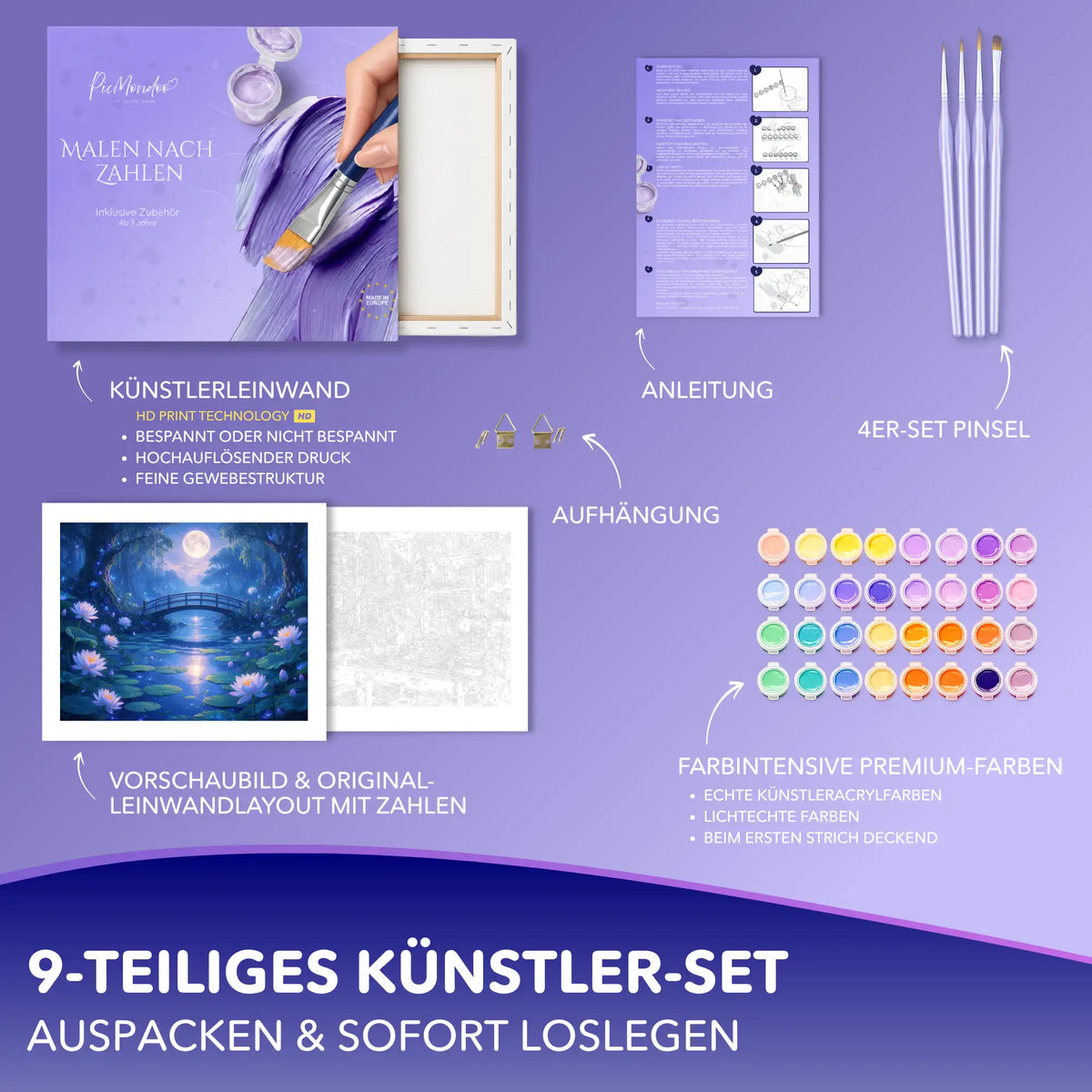 Malen nach Zahlen Set Mondschein auf Wasser mit Leinwand, Acrylfarben, Pinseln und Anleitung für Erwachsene