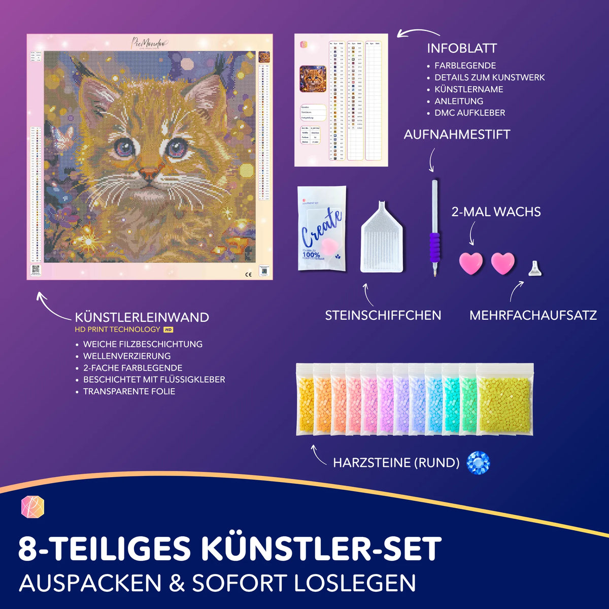 Diamond Painting Set Luchs mit Zubehör, Leinwand, runden Steinen und Werkzeug für kreatives Basteln