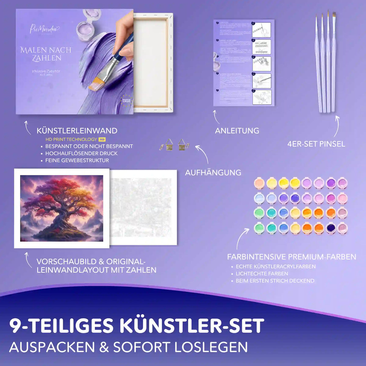 Malen nach Zahlen Erwachsene Set Magischer Lebensbaum: Leinwand, Acrylfarben, Pinsel & Zubehör