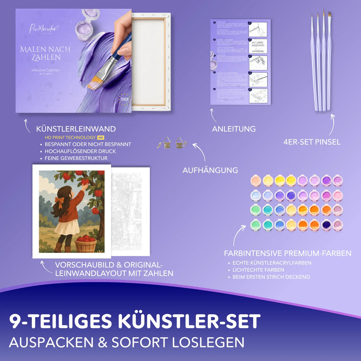 Malen nach Zahlen Set mit Apfelpflückerin-Motiv: Leinwand, 4 Pinsel, Acrylfarben, Anleitung und Aufhängung