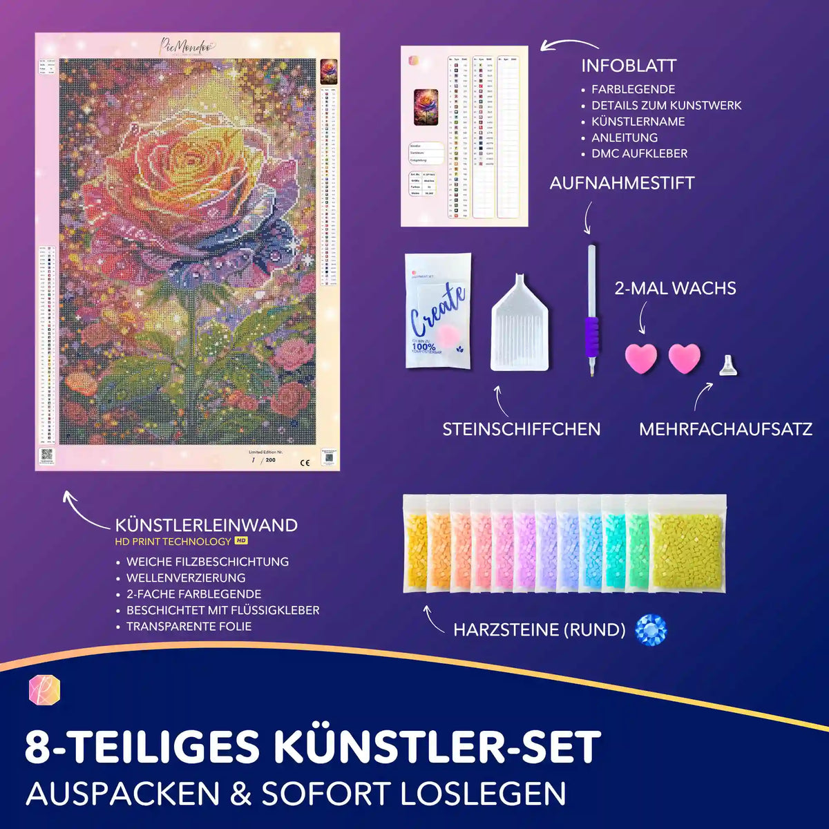 Diamond Painting Set Elythra: Bunte Rose mit Künstler-Leinwand, runden Steinen & Zubehör