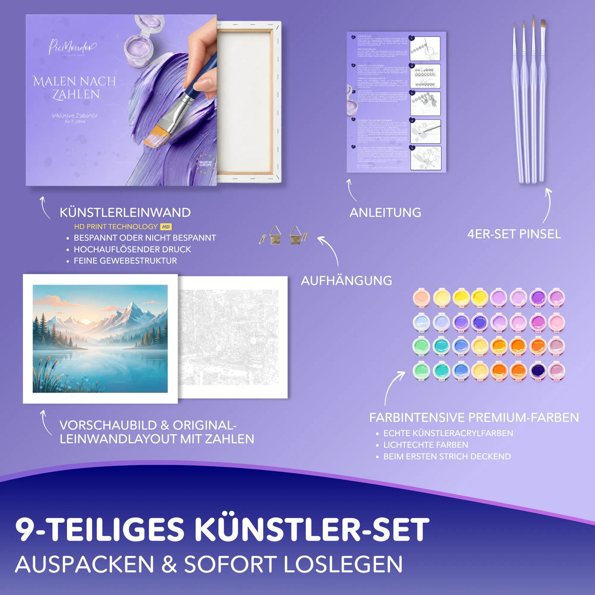 Picmondoo Malen nach Zahlen Set mit Bergsee-Motiv, hochwertiger Leinwand, Acrylfarben und Pinsel für Erwachsene