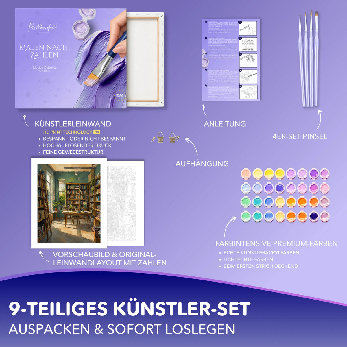 Picmondoo Malen nach Zahlen Set mit Bibliotheks-Motiv, Acrylfarben, Pinseln und nummerierter Leinwand für Erwachsene.