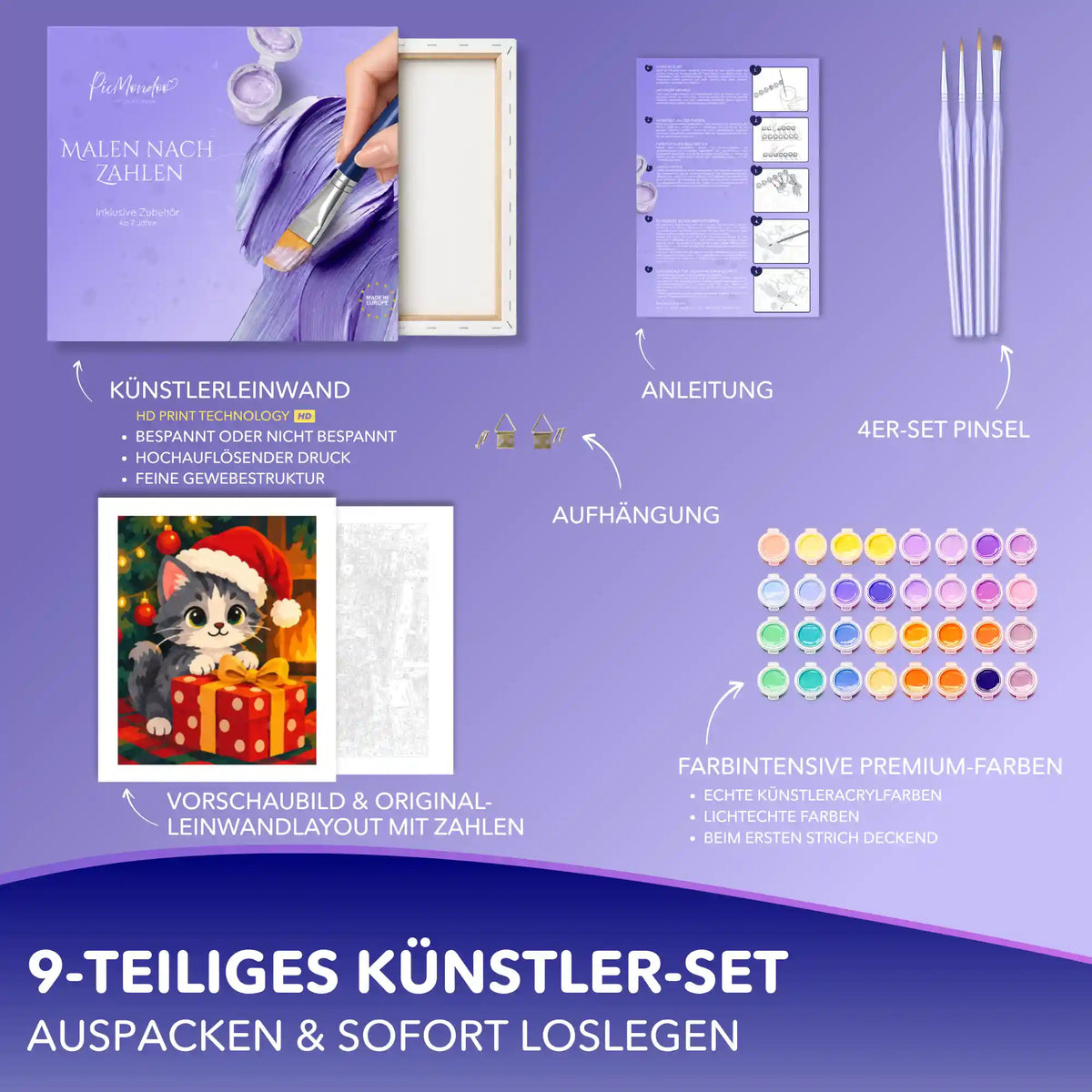 Malen nach Zahlen Set mit Weihnachtskätzchen: Leinwand, 4 Pinsel, Acrylfarben, Anleitung und Aufhängung