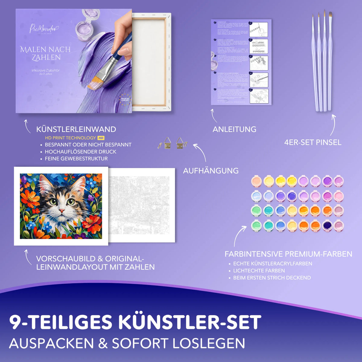 Malen nach Zahlen Set Samtpfötchen mit Leinwand, Acrylfarben und Pinseln für Erwachsene und Kinder von Picmondoo