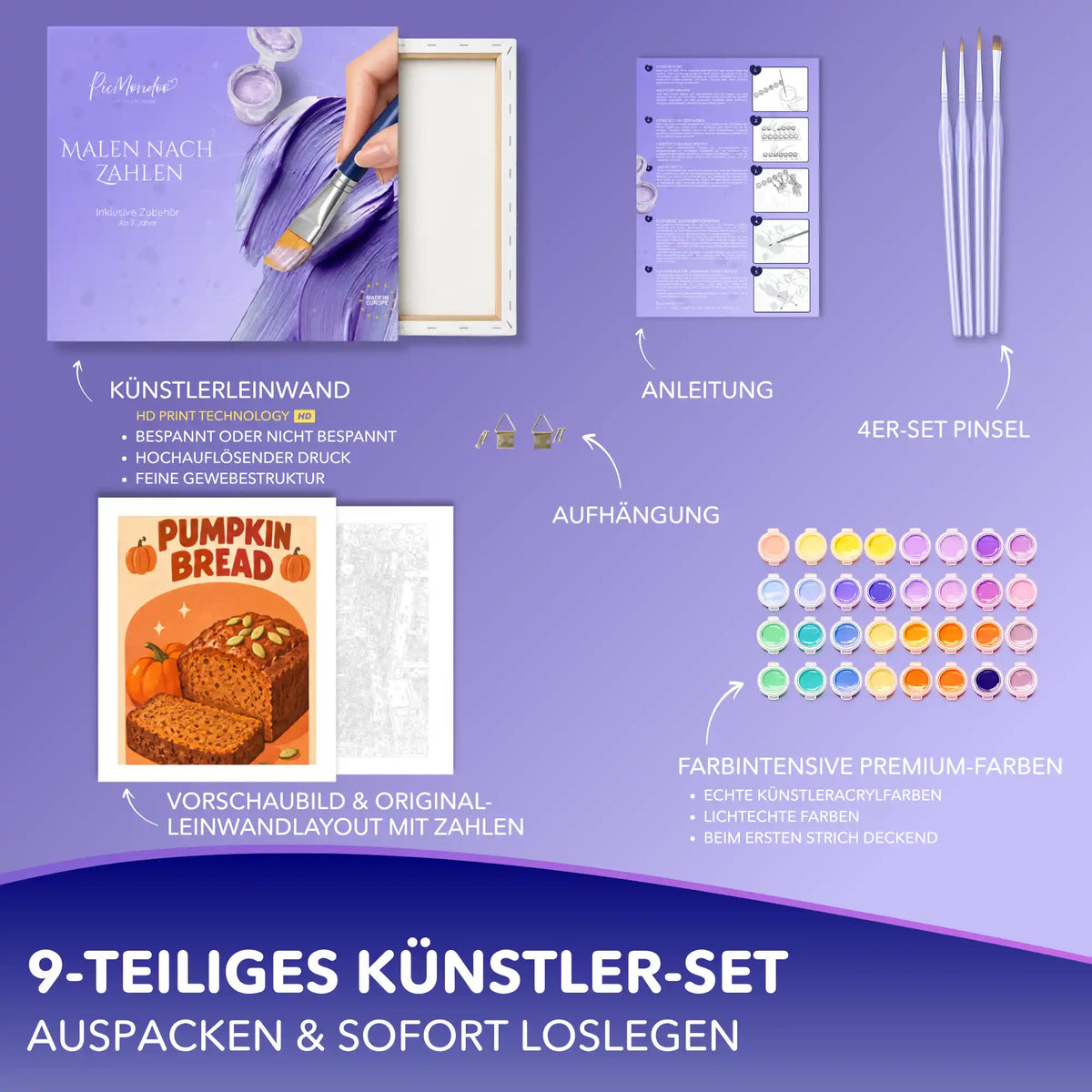 Malen nach Zahlen Set Pumpkin Bread mit Leinwand, Acrylfarben, 4 Pinseln, Anleitung und Aufhängung – 9-teiliges Künstler-Set