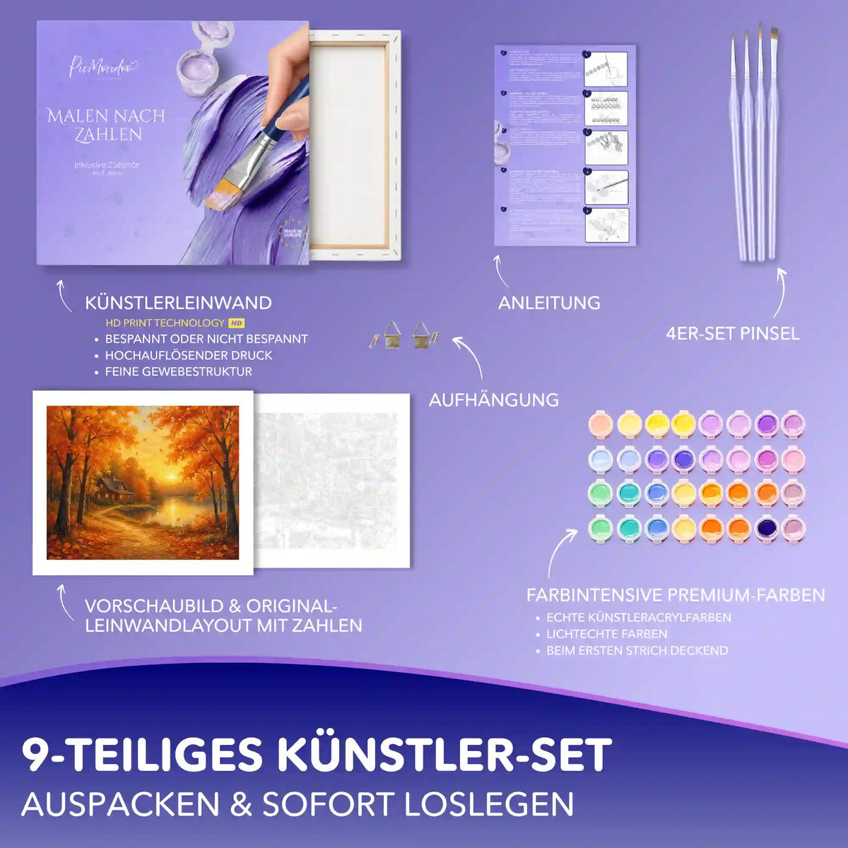 Malen nach Zahlen Erwachsene Set Goldener Herbstabend: Zubehör mit Leinwand, Acrylfarben und Pinseln