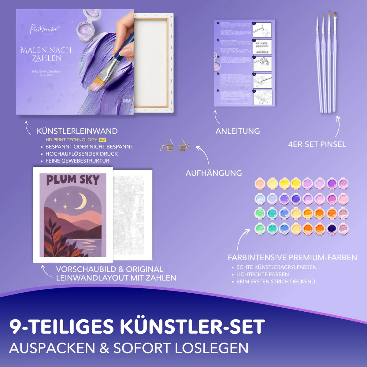 Malen nach Zahlen Plum Sky: 9-teiliges Set mit Leinwand, Acrylfarben, 4 Pinseln, Anleitung und Aufhängung in Lila