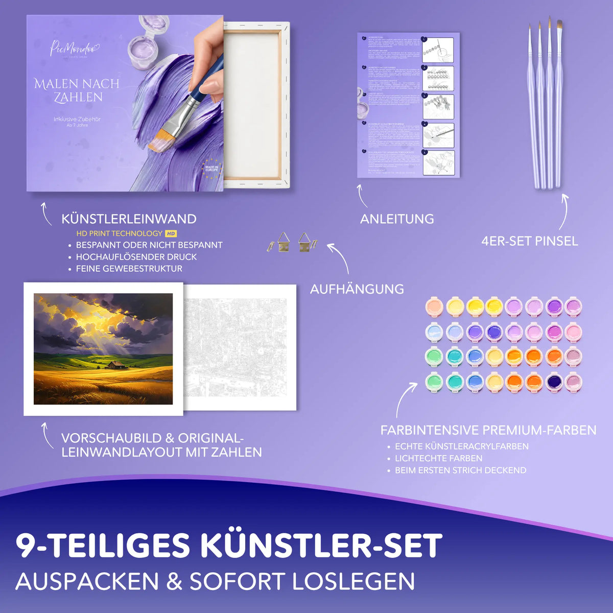 Picmondoo Malen nach Zahlen Set Magie des Lichts mit Leinwand, Acrylfarben, Pinseln und Anleitung für Erwachsene