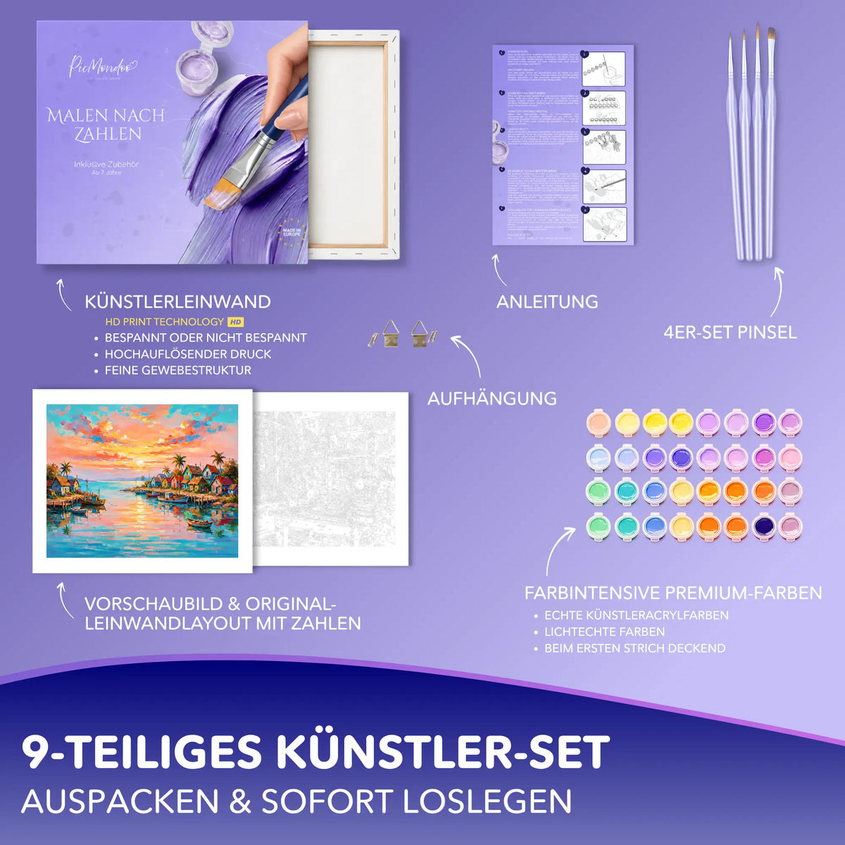 Malen nach Zahlen Set Sonne überm Strand mit Leinwand, Acrylfarben, Pinseln und Anleitung für Erwachsene