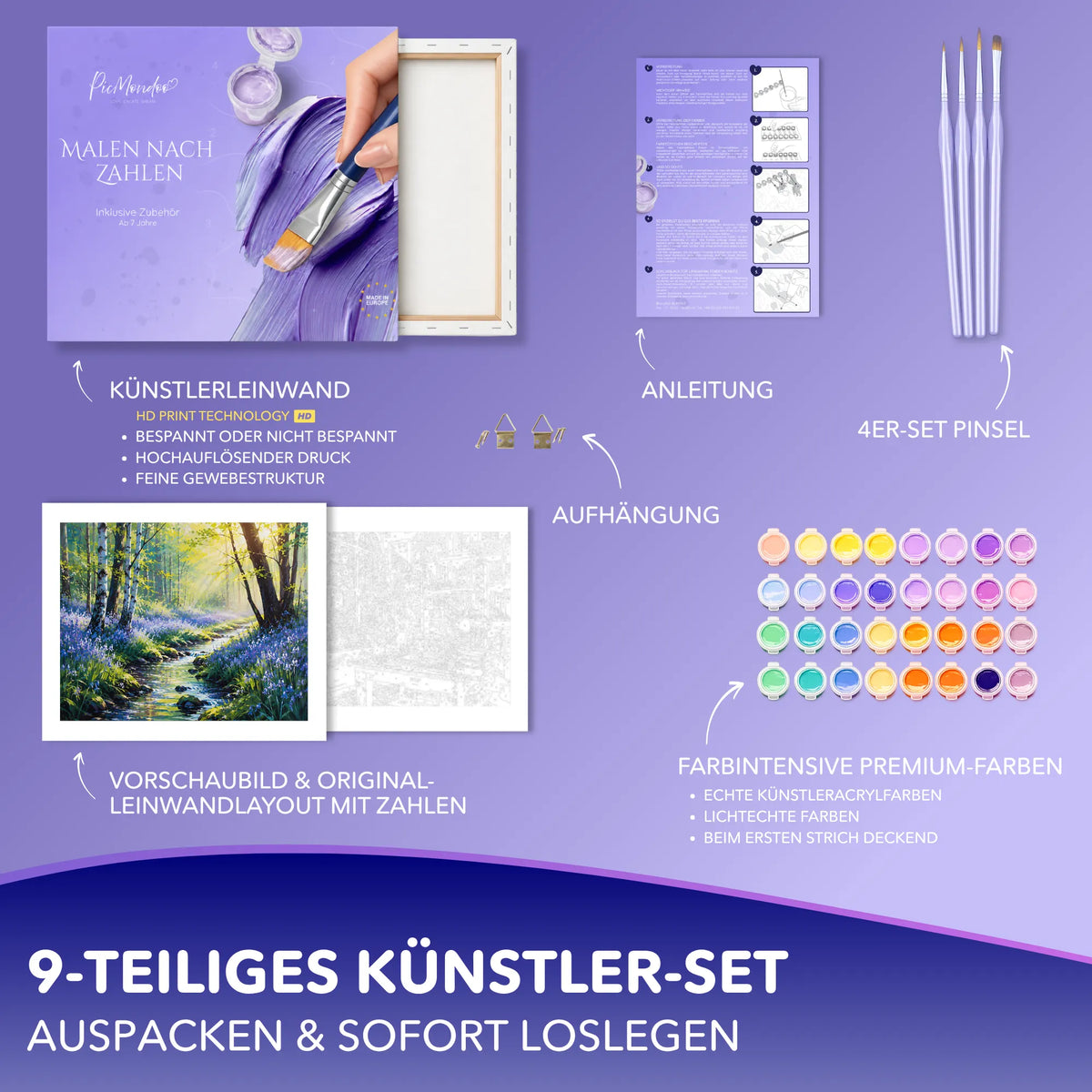 Picmondoo Malen nach Zahlen Set Juniblau mit Wald-Motiv, Acrylfarben, Pinseln und bedruckter Künstlerleinwand für Erwachsene