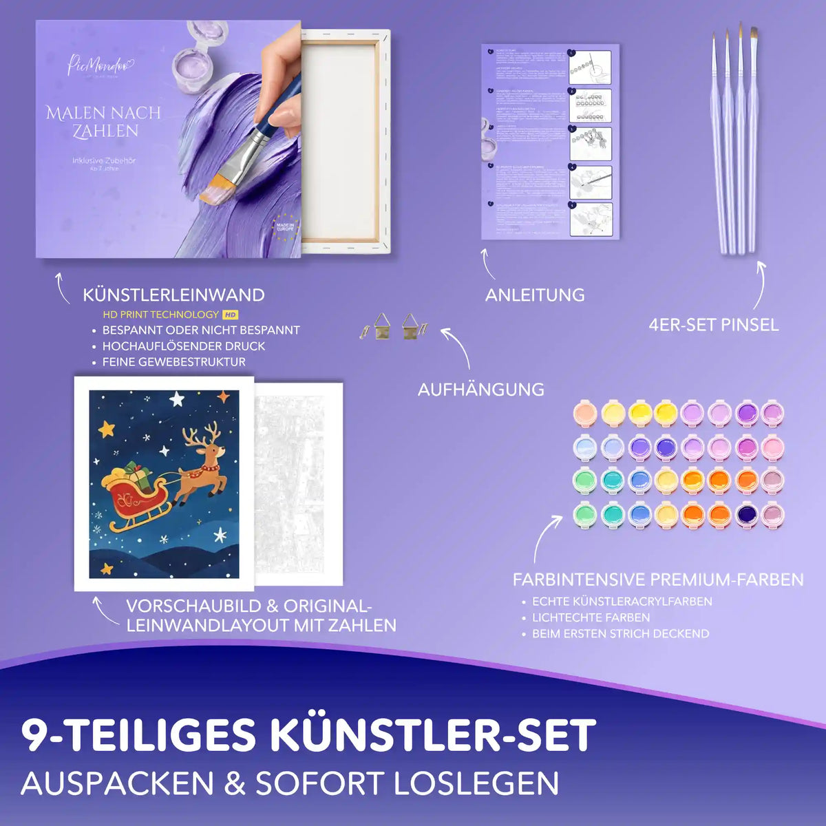 Malen nach Zahlen Set mit Rentier-Schlitten-Motiv: Leinwand, 32 Acrylfarben, 4 Pinsel, Anleitung und Aufhängung
