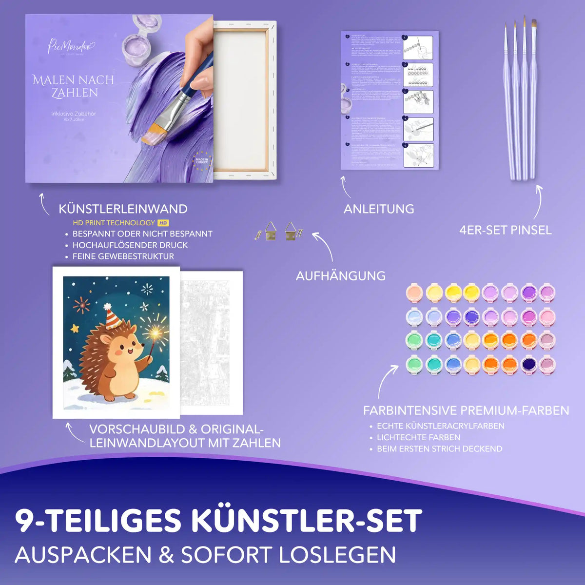 Malen nach Zahlen Set Igel mit Wunderkerze: Leinwand, Acrylfarben, 4 Pinsel, Anleitung und Aufhängung im 9-teiligen Set