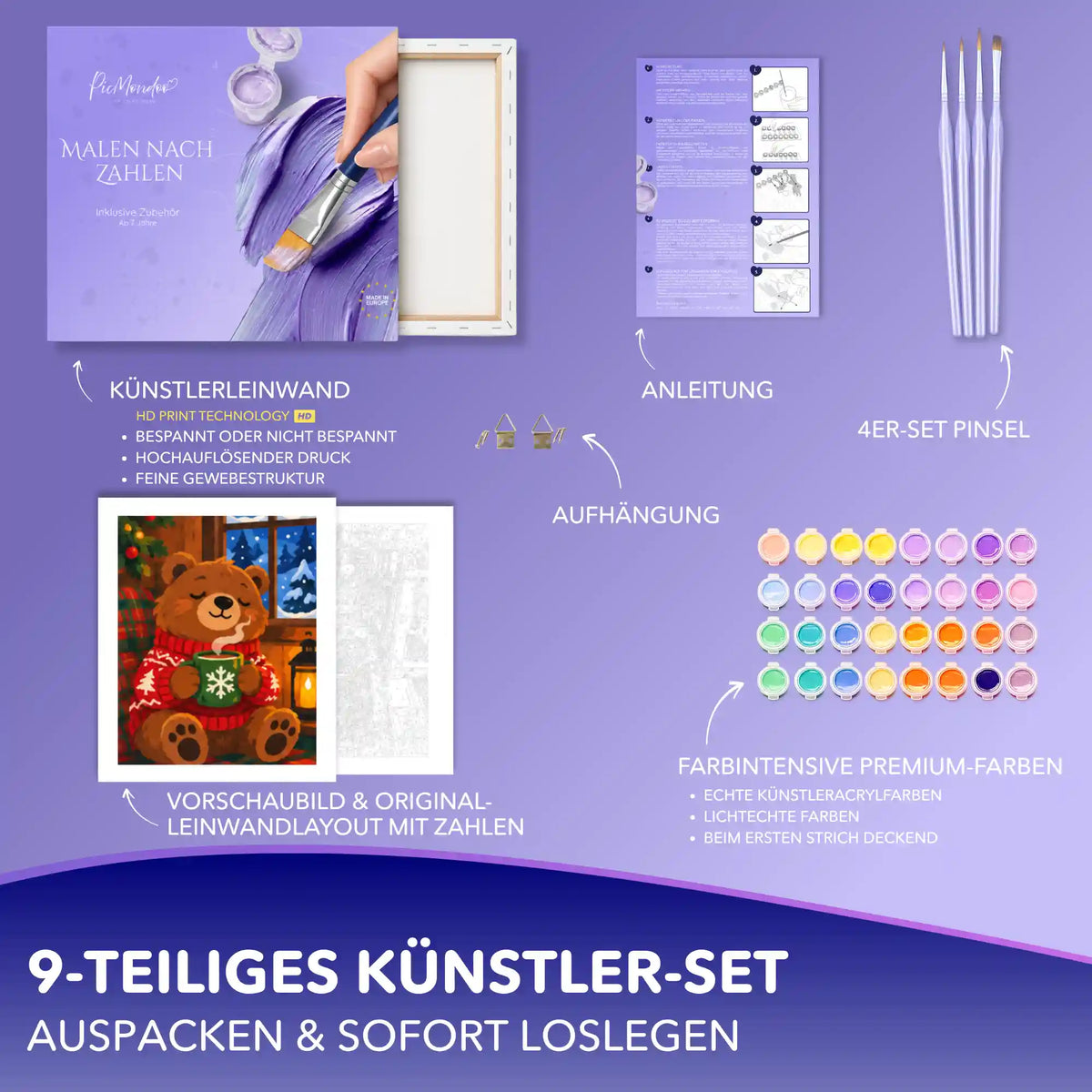 Malen nach Zahlen Set Süßer Wintertraum: Bär im Weihnachtspullover, Leinwand, Acrylfarben, 4 Pinsel, Anleitung