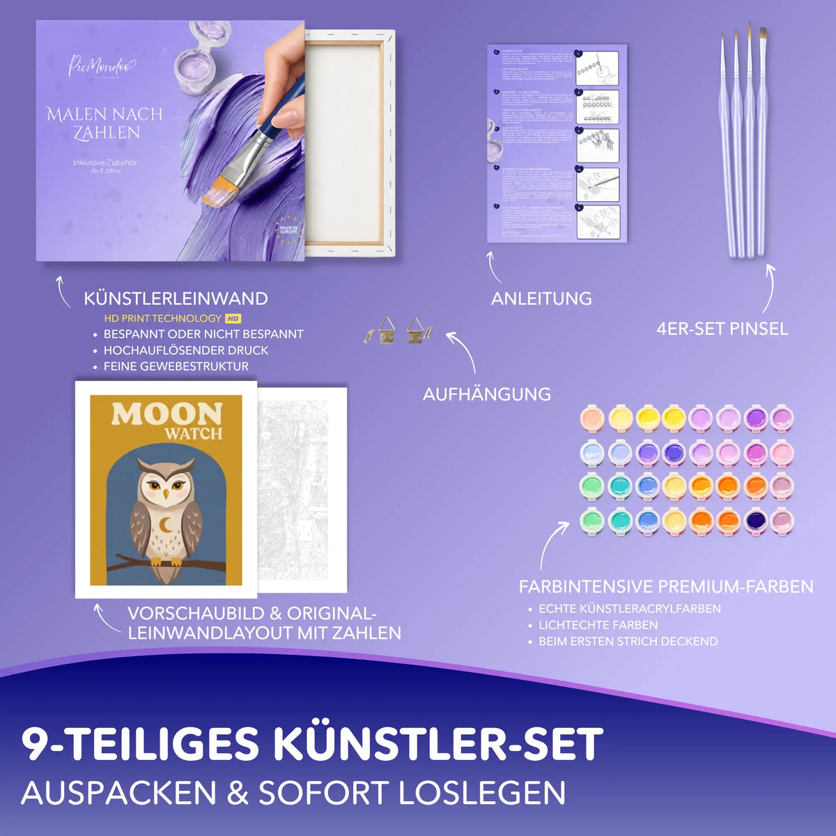 Malen nach Zahlen Erwachsene: Set Moon Watch mit Eule, Leinwand, Pinseln, Acrylfarben und Anleitung