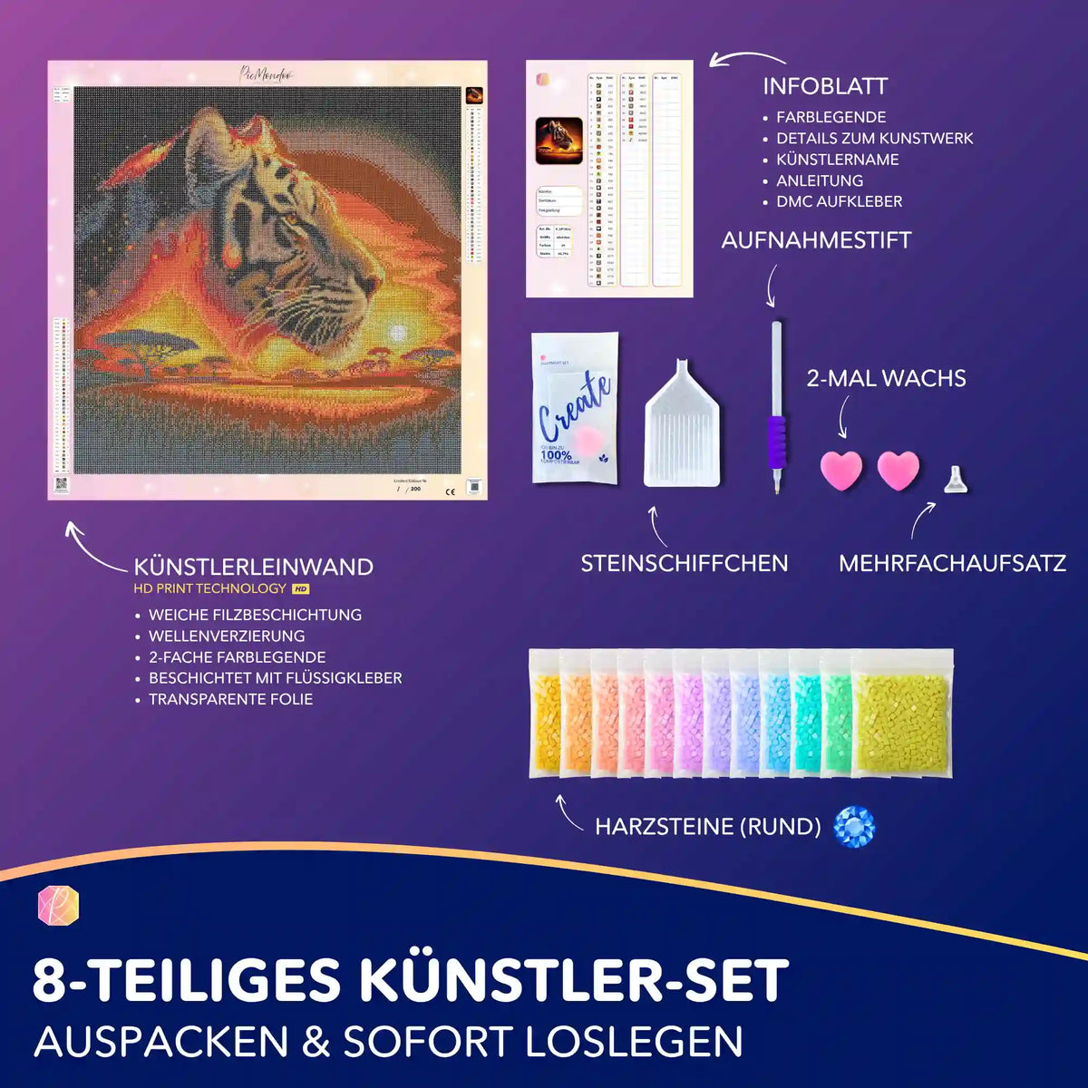Diamond Painting Set Feuerherz mit Tiger-Motiv, runden Harzsteinen, Werkzeug und hochwertiger Leinwand für DIY-Kunst