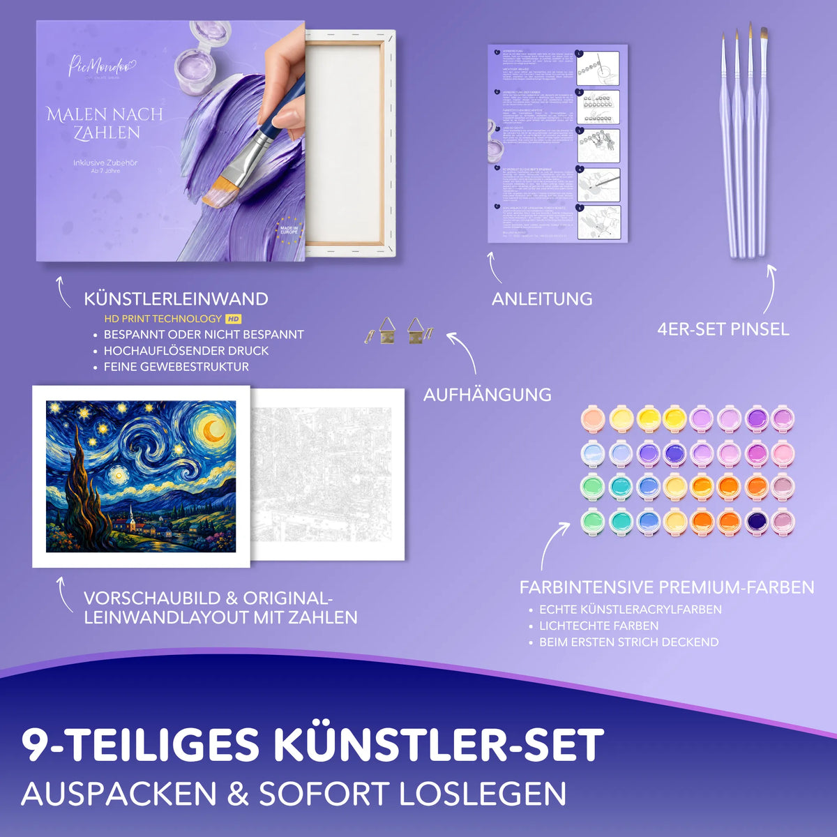 Picmondoo Malen nach Zahlen Set Unter einem Himmel voller Träume mit Leinwand, Acrylfarben und Pinsel für Erwachsene