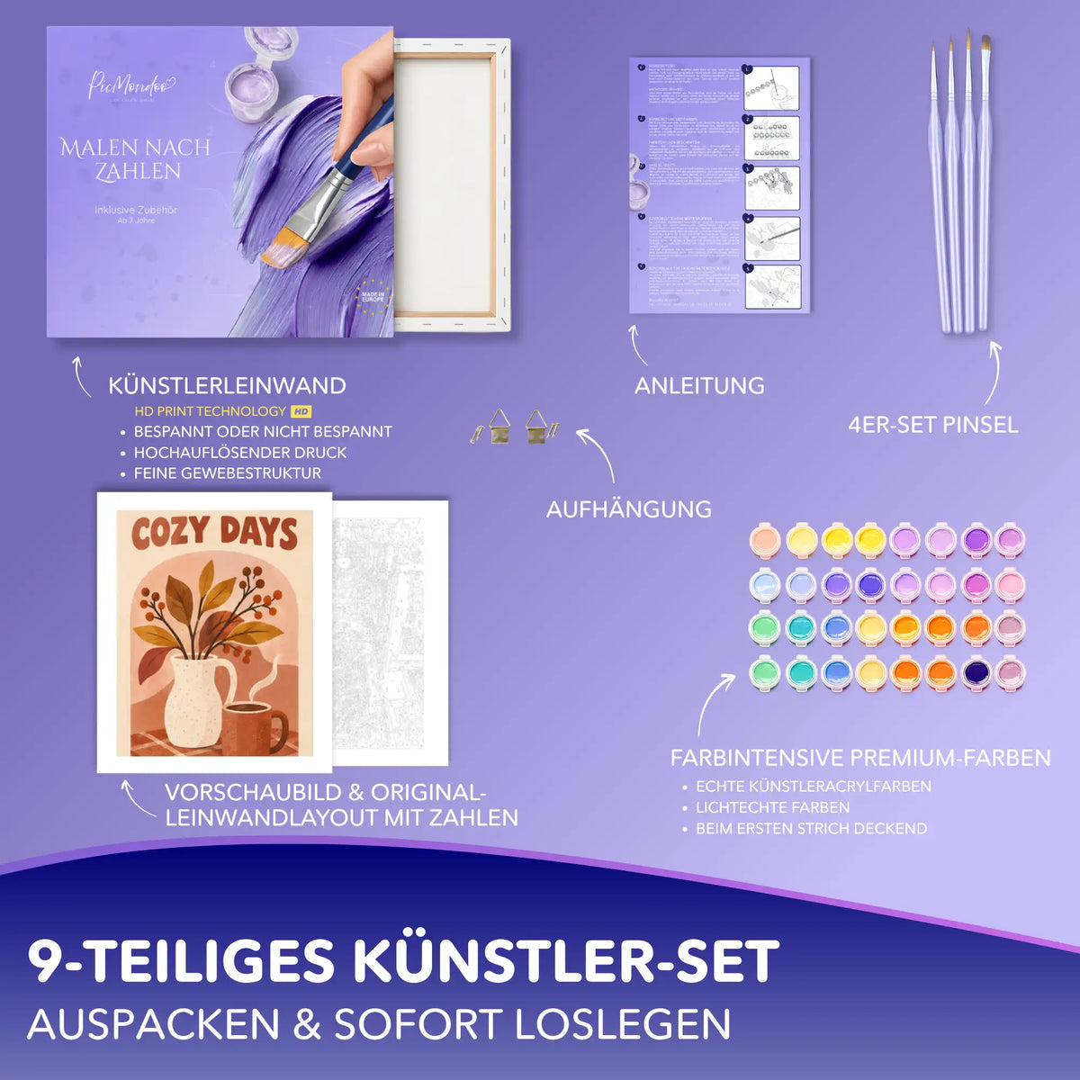 Malen nach Zahlen Set Cozy Days mit Leinwand, 32 Acrylfarben, 4 Pinseln, Anleitung und Aufhängung – Herbstmotiv Vase & Kaffee