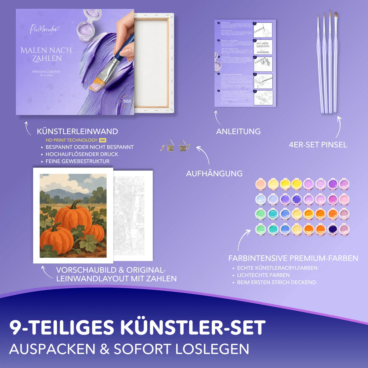 Malen nach Zahlen Set Goldene Erntezeit mit Kürbis-Motiv, Leinwand, Acrylfarben, 4 Pinseln, Anleitung und Aufhängung