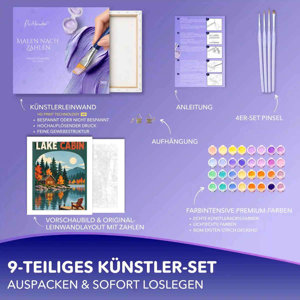 Malen nach Zahlen Set Lake Cabin: Leinwand, Acrylfarben, 4 Pinsel, Anleitung und Aufhängung für Erwachsene