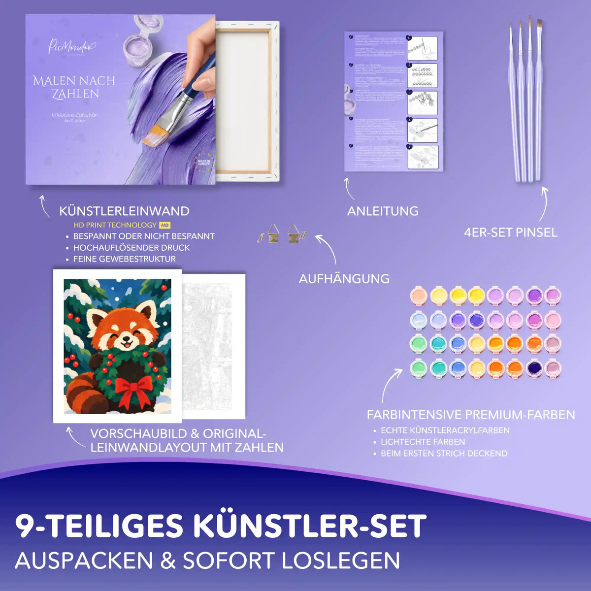 Malen nach Zahlen Set mit rotem Panda im Tannenkranz: Leinwand, 4 Pinsel, Acrylfarben, Anleitung und Aufhängung