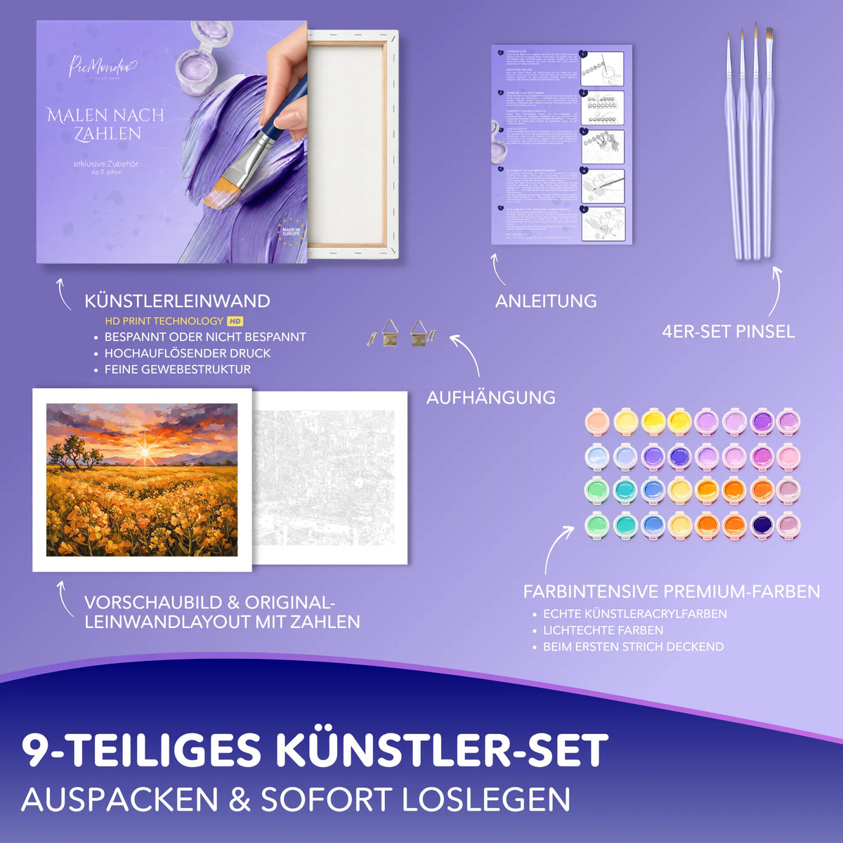 Malen nach Zahlen Set Feld aus Gold mit Leinwand, Acrylfarben, Pinseln und Anleitung für Erwachsene von Picmondoo