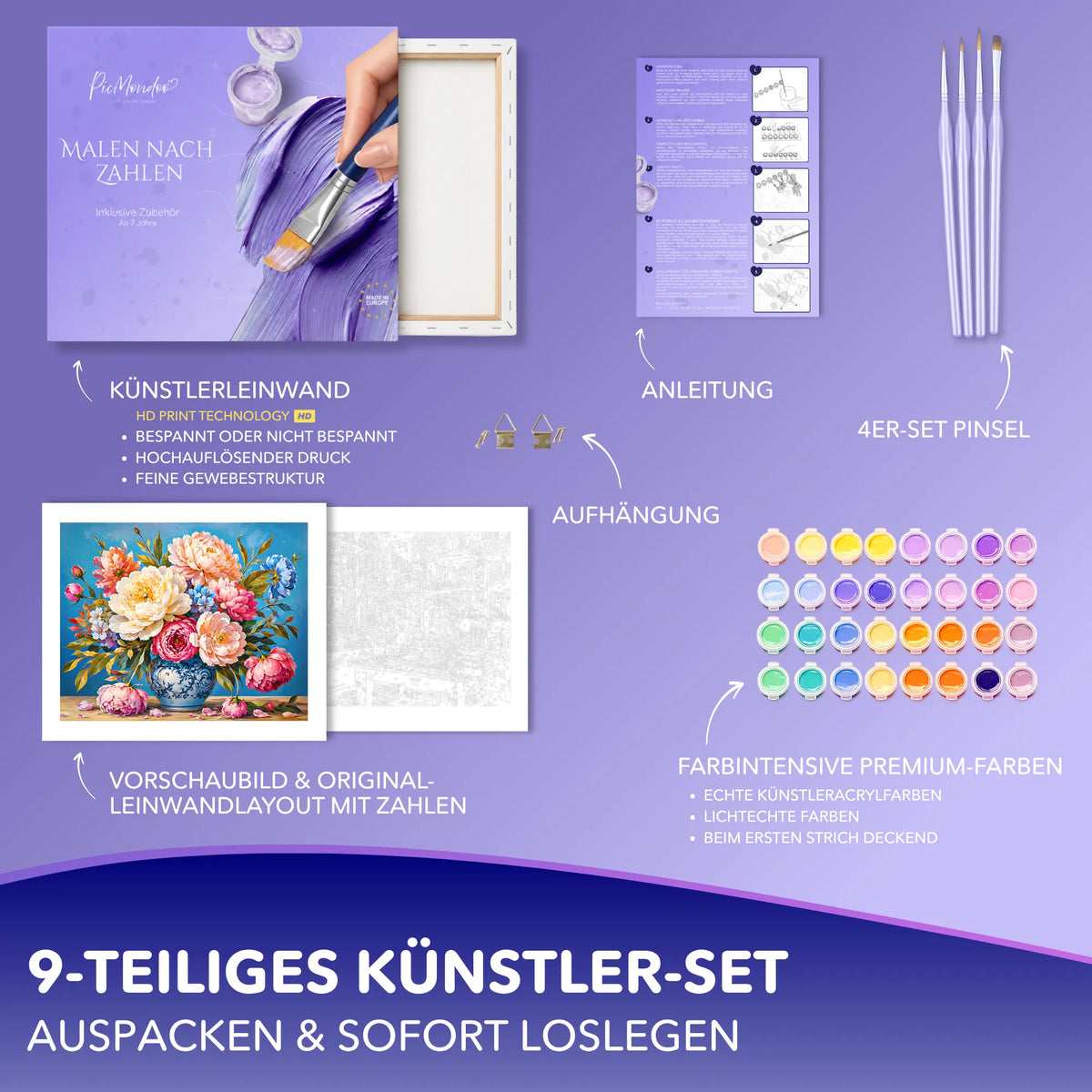 Malen nach Zahlen Set In voller Blüte mit Leinwand, Pinsel, Acrylfarben und Motiv eines Pfingstrosen-Blumenstraußes