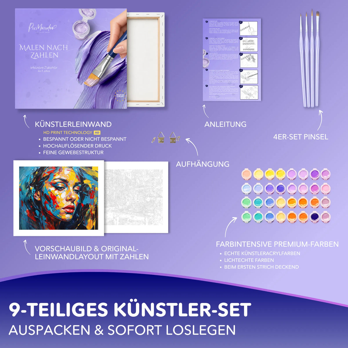 Malen nach Zahlen Set mit Künstler-Leinwand, Pinsel, Acrylfarben und Motiv eines Frauengesichts für Erwachsene