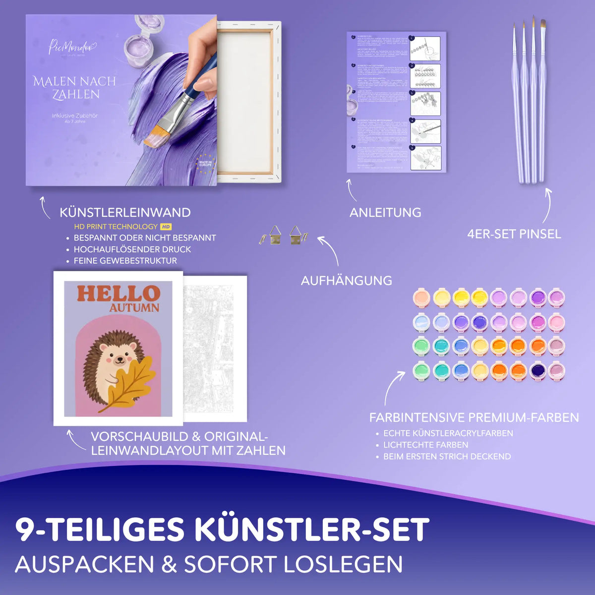 Malen nach Zahlen Set Hello Autumn mit Igel-Motiv, Leinwand, 4 Pinseln, Acrylfarben, Anleitung und Aufhängung