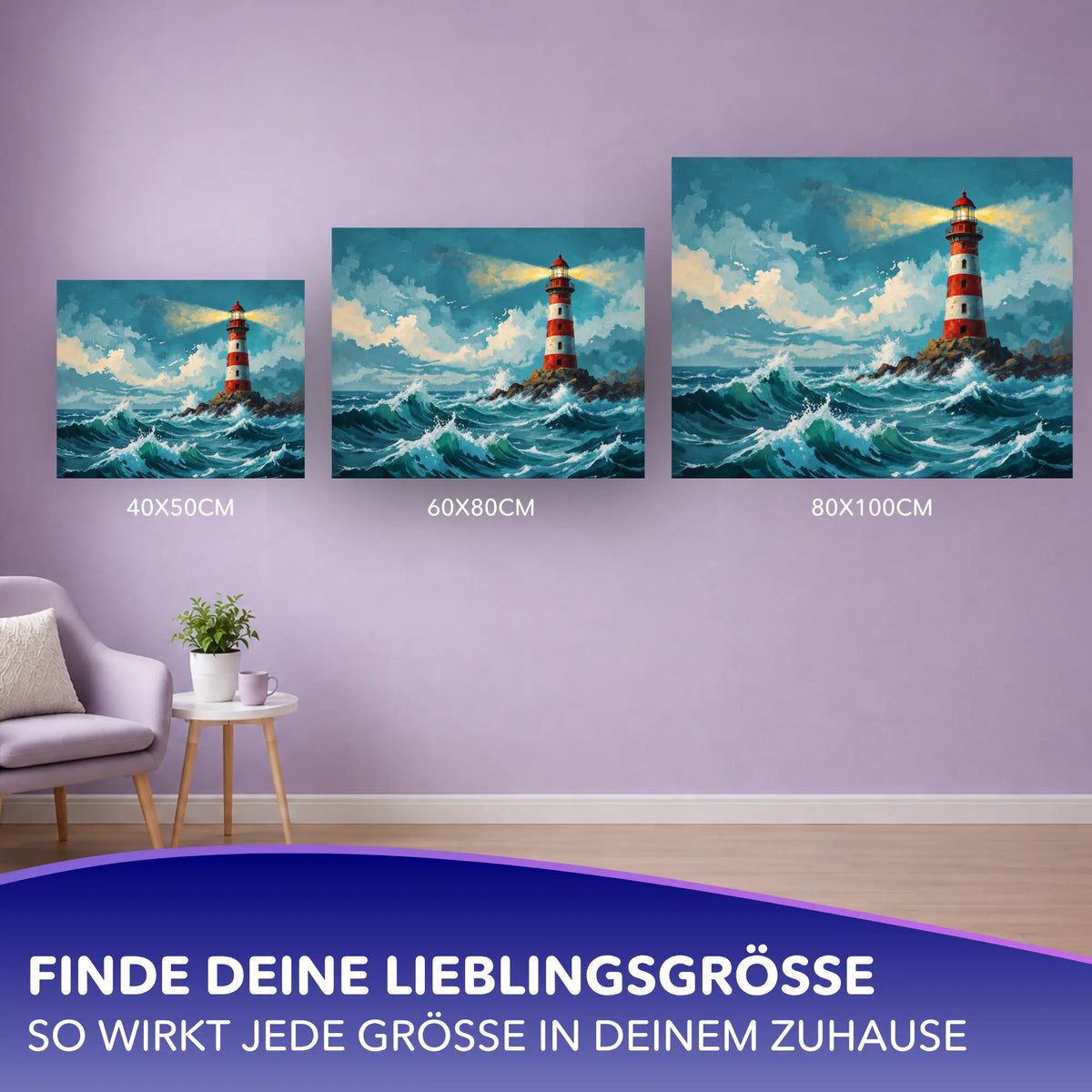 Malen nach Zahlen für Erwachsene: Wächter der Wellen Leuchtturm-Motiv in verschiedenen Größen als Wandbild-Visualisierung
