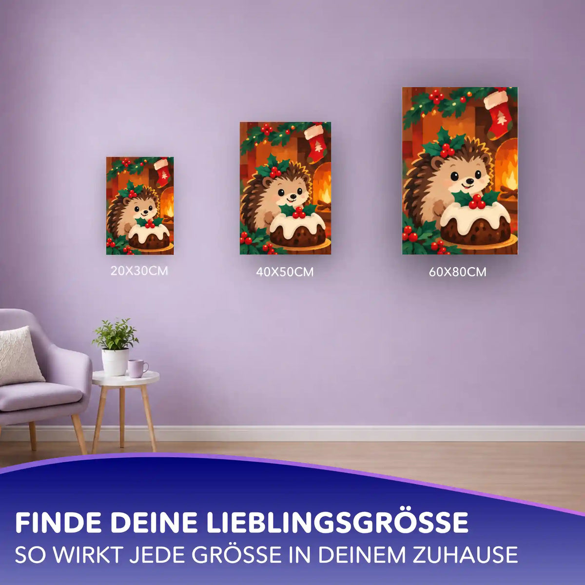 Malen nach Zahlen Igel am Kamin mit Weihnachtspudding in drei Größen: 20x30, 40x50 und 60x80 cm an lila Wand