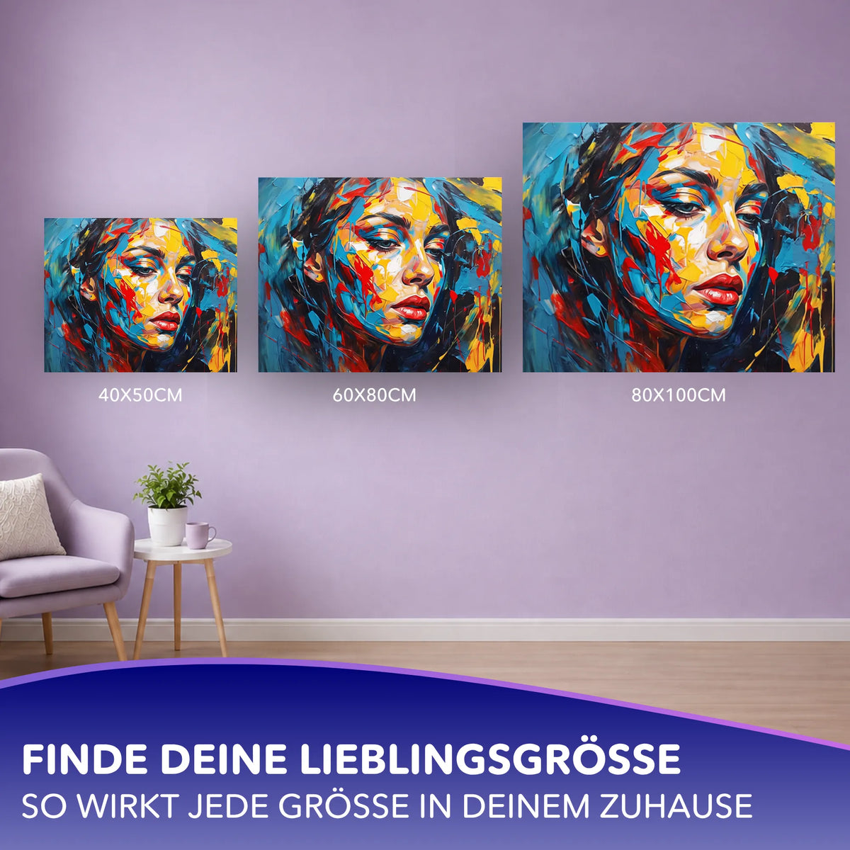 Malen nach Zahlen für Erwachsene: Ausdrucksstarkes Frauenporträt in bunten Ölfarben-Optik in drei verschiedenen Größen.