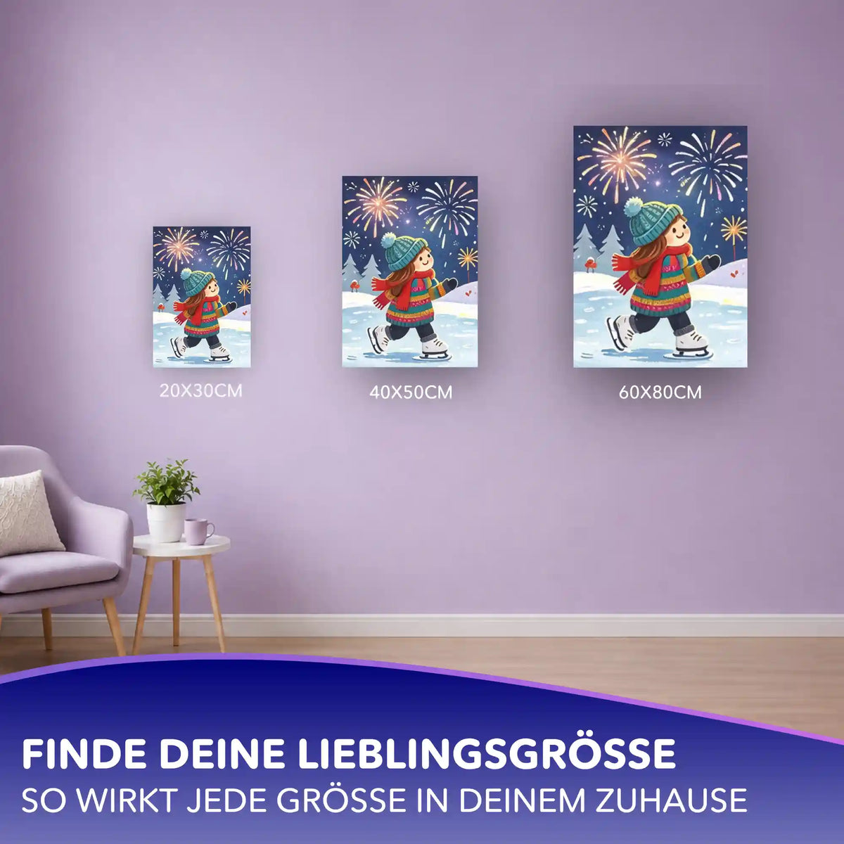 Malen nach Zahlen Erwachsene: Eisläuferin mit Feuerwerk, Motiv in drei Größen (20x30, 40x50, 60x80 cm) an Wand