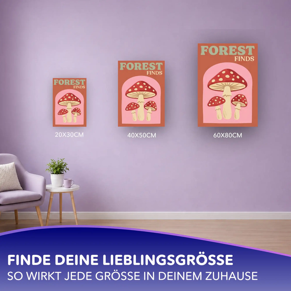 Malen nach Zahlen Forest Finds mit Fliegenpilzen in drei Größen von 20x30 bis 60x80 cm an lila Wand