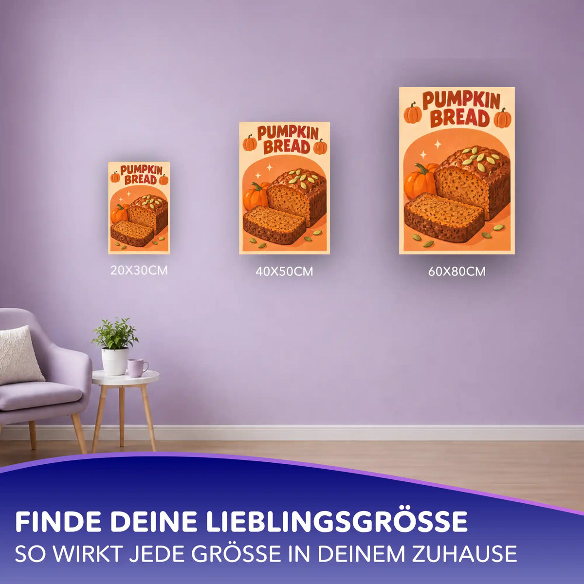 Malen nach Zahlen Pumpkin Bread in drei Größen (20x30, 40x50, 60x80 cm) an lila Wand mit Kürbisbrot und Kürbissen