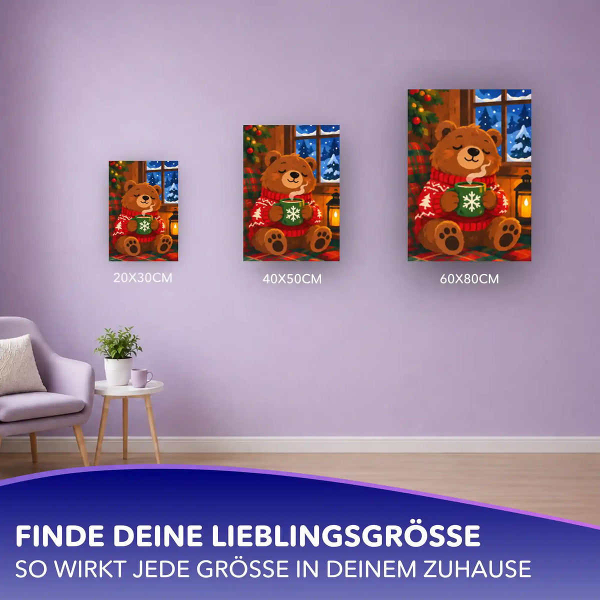 Malen nach Zahlen Bär mit Tasse im roten Pullover in drei Größen (20x30, 40x50, 60x80 cm) an lila Wand