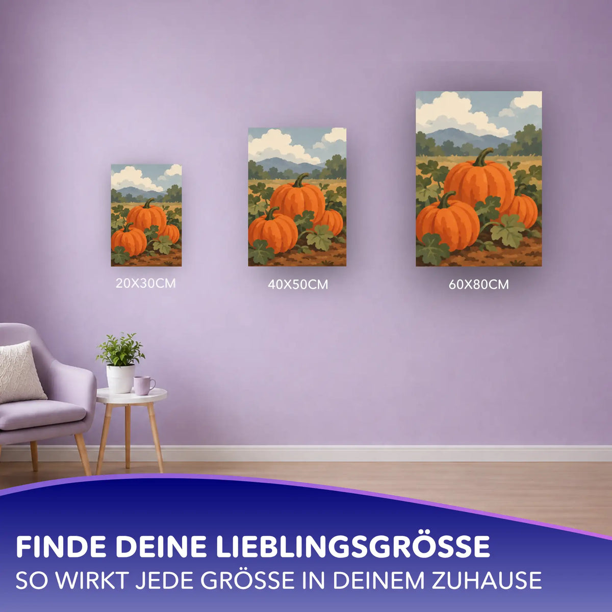 Malen nach Zahlen Kürbisfeld in drei Größen (20x30, 40x50, 60x80 cm) als Wandbild an lilafarbener Wand mit Sessel
