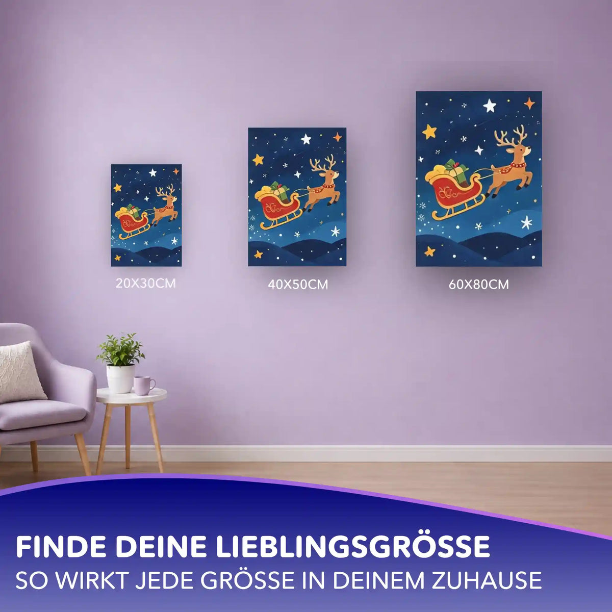 Malen nach Zahlen Weihnachtsmotiv in drei Größen: Rentier mit rotem Schlitten am Sternenhimmel an lila Wand