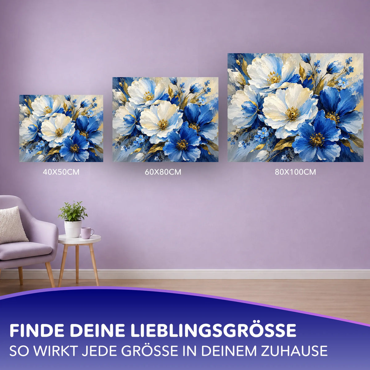 Malen nach Zahlen für Erwachsene: Blüten aus Saphir in drei Leinwandgrößen zur Dekoration an einer Wand