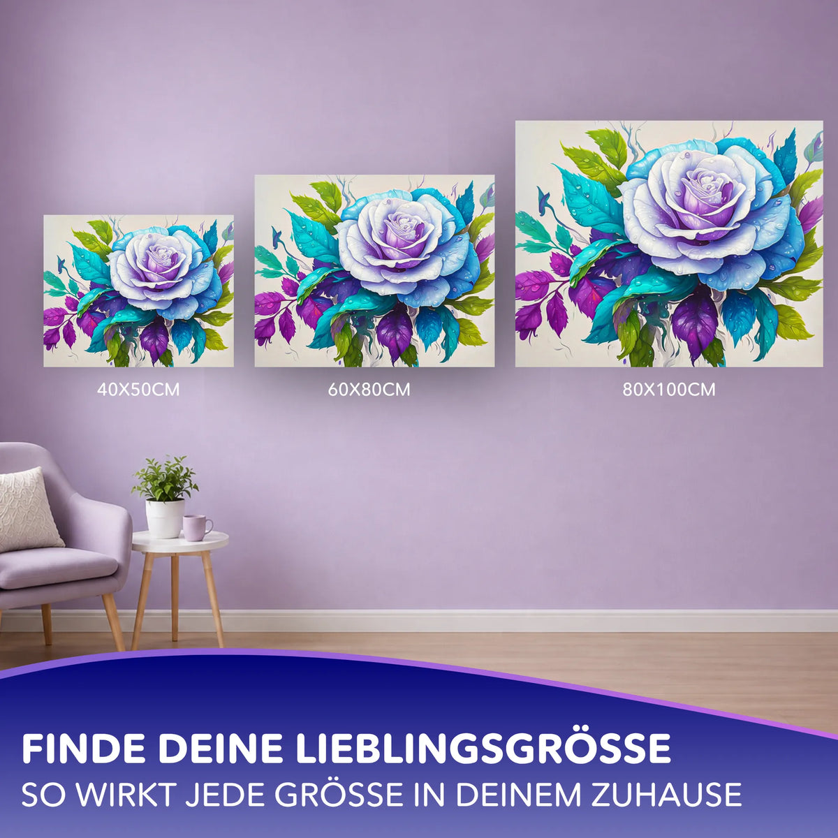 Malen nach Zahlen für Erwachsene: Motiv Tautropfenzauber Rose in drei verschiedenen Größen zur Wanddekoration