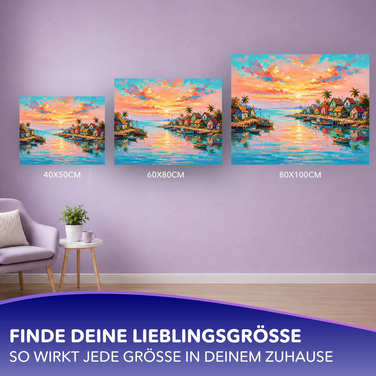 Malen nach Zahlen für Erwachsene: Sonnenuntergang am Strand in verschiedenen Größen als Wandkunst für dein Zuhause.