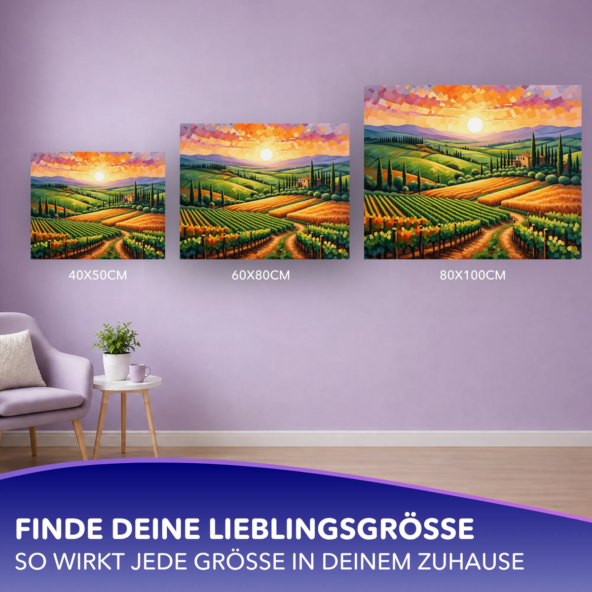 Malen nach Zahlen für Erwachsene Motiv Toskana in verschiedenen Größen an einer Wand dekoriert