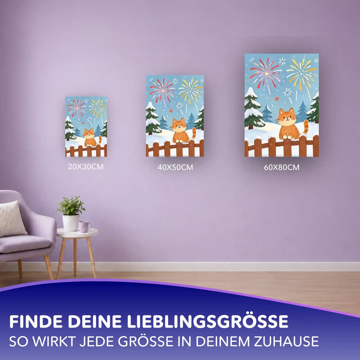 Malen nach Zahlen Silvesterkatze in 3 Größen (20x30, 40x50, 60x80 cm) als Wanddeko an lila Wand, Feuerwerk über Schnee