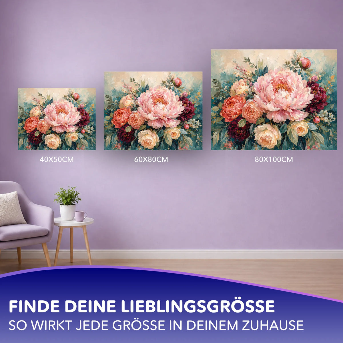 Malen nach Zahlen für Erwachsene Motiv Pfingstrosen in verschiedenen Leinwandgrößen zur Wanddekoration