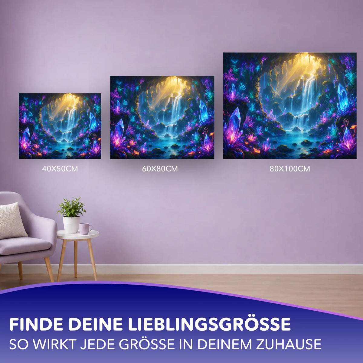 Malen nach Zahlen für Erwachsene Motiv Magische Unterwelt in verschiedenen Größen an einer Wand im Wohnzimmer