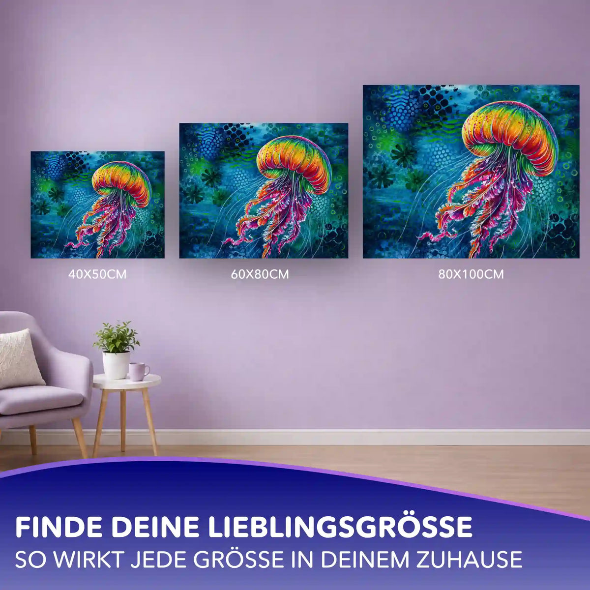 Malen nach Zahlen Erwachsene: Medusa Solaris Qualle im Größenvergleich 40x50, 60x80 und 80x100 cm an der Wand.
