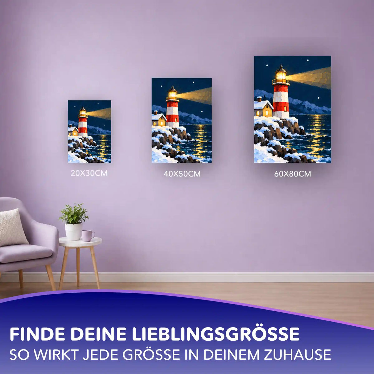 Malen nach Zahlen Leuchtturm im Schnee in drei Größen (20x30, 40x50, 60x80 cm) als Wanddeko an lila Wand