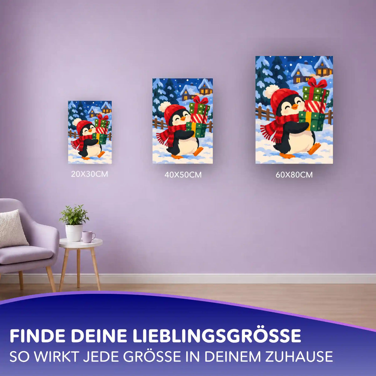 Malen nach Zahlen Pinguin mit Geschenken im Schnee in drei Größen (20x30, 40x50, 60x80 cm) an lila Wand